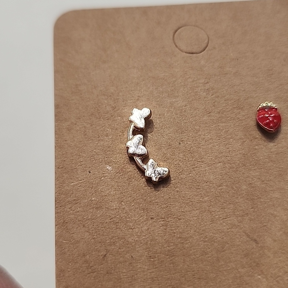 Gold Butterfly and Red Strawberry Stud Earrings MIX & MATCHED - Picture 3 of 6